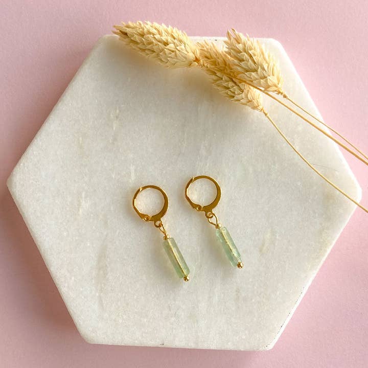 Gold fluorite tube earrings for wholesale by Mystic Jewelry