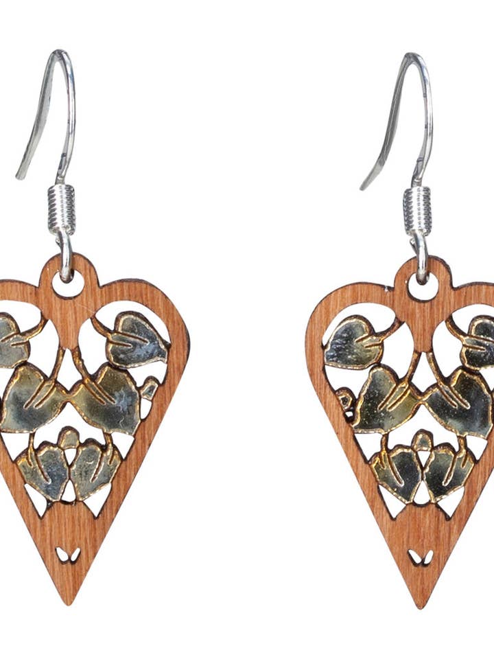 Leaves in Heart Twig Earring with Silver Foil Accent for wholesale by Woodcutts Inc.