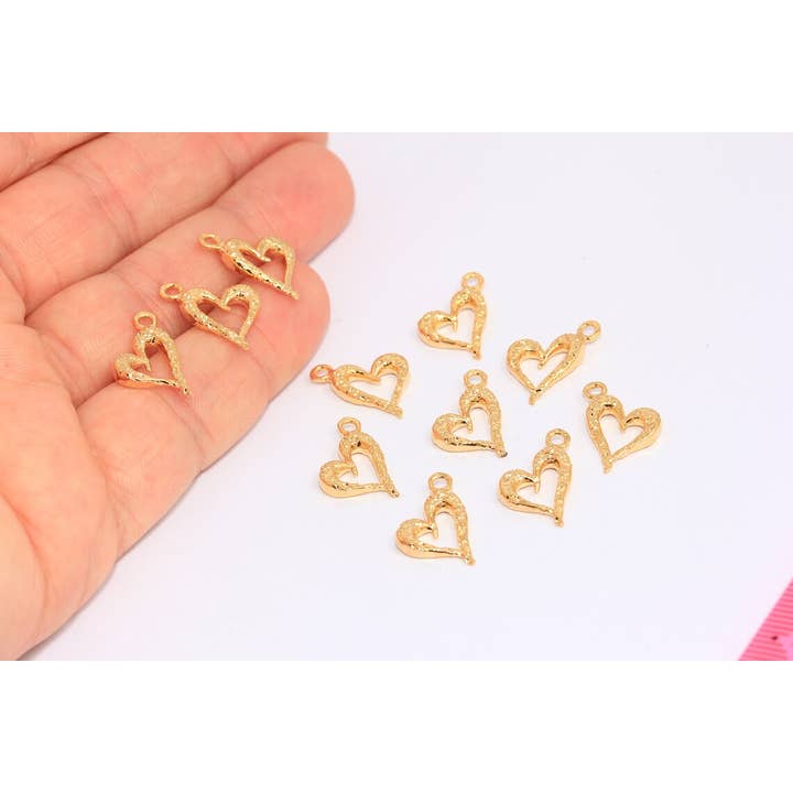 10x14mm 24k Shiny Gold Hammered Heart Charms, CHK112-3 for wholesale by QueenJewelryM