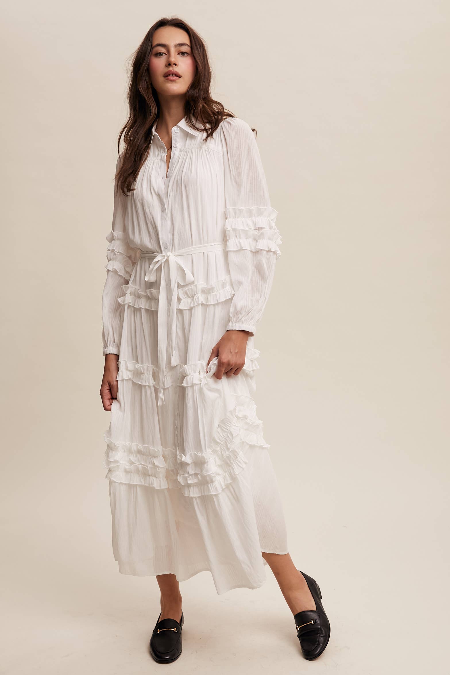 Listicle - Wholesale Dress - Women's - Ruffled Belted Maxi Shirt Dress LD149629