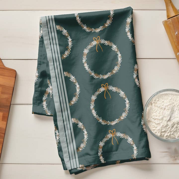 Green Christmas Wreaths Cotton Tea Towel Holiday Decorations for wholesale by 432 Design