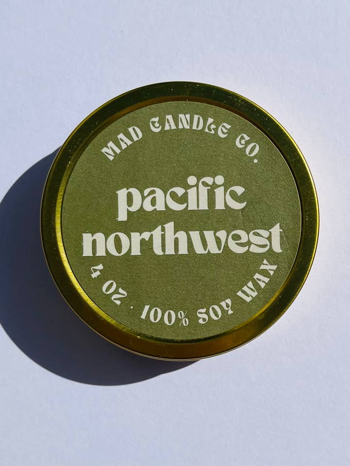 Pacific Northwest Soy Candle - 4 oz Gold Tin & Wood Wick for wholesale by Mad Candle Co.