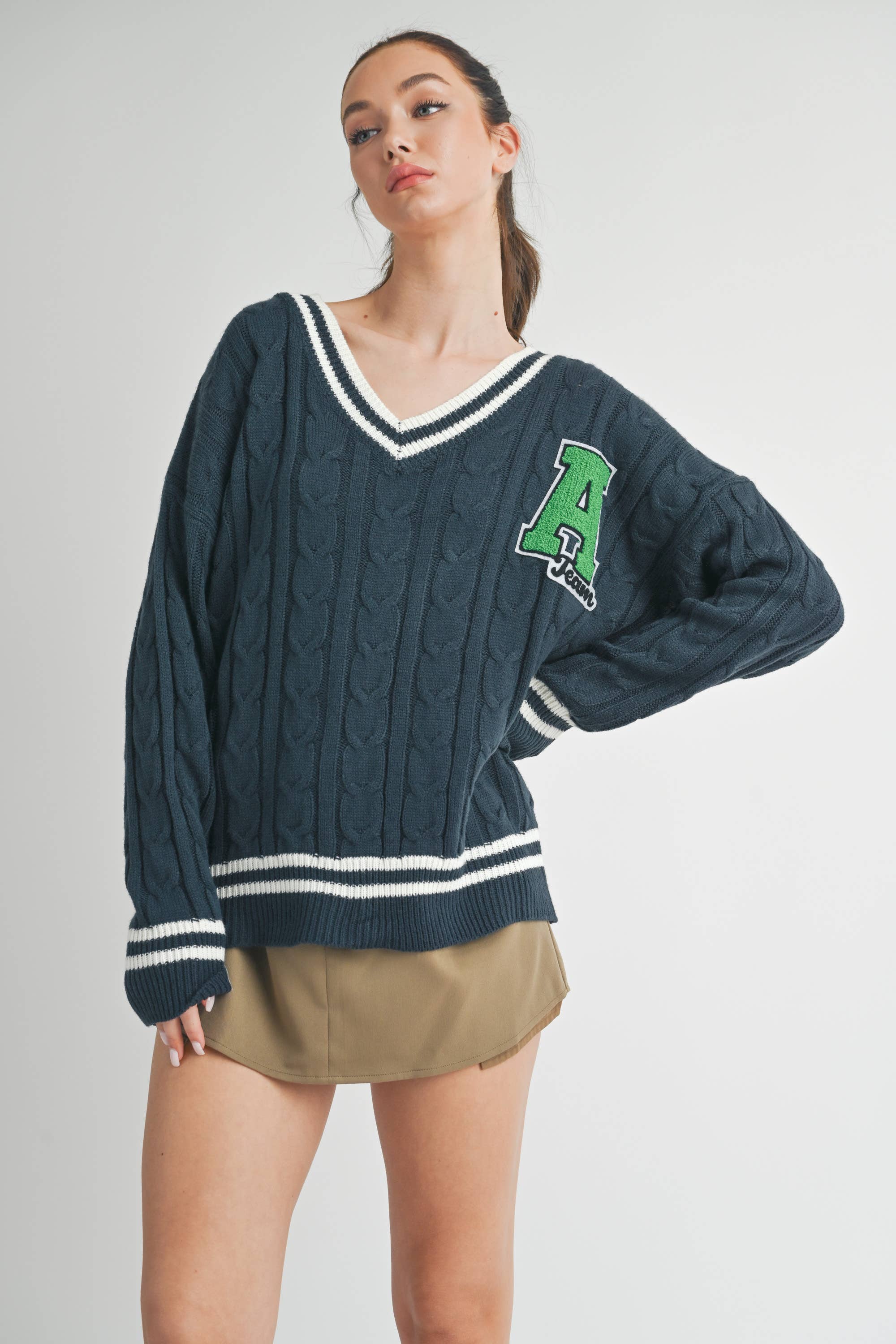 Klesis - Wholesale Knit Sweater - Women's - IT2990 VARSITY PATCH V NECK CABLE KNIT SWEATER0