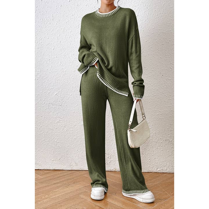 Supreme Fashion - Wholesale Lounge Set - Women's - Knit Color Block Loose Edged Sweater And Pant Set