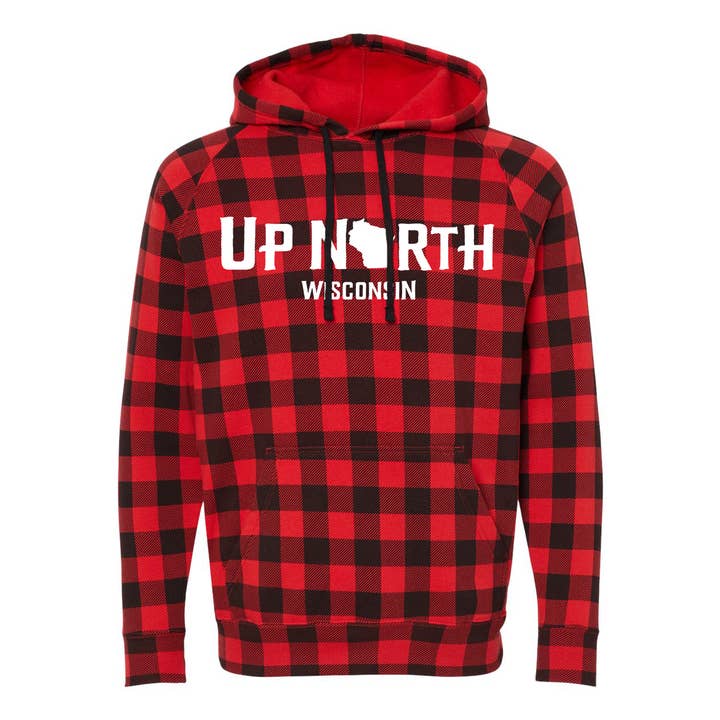 Up North Wisconsin Unisex Red Buffalo Plaid Hoodie for wholesale by Wi-Wear