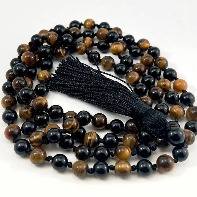 Namu Baru Inc. - Wholesale Ketting met gebedskralen - Tijgeroog en zwarte obsidiaan geknoopte 108 Bead Mala - 8 mm3