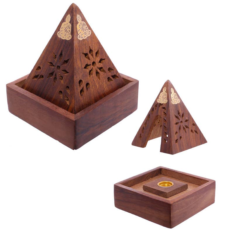 Puckator Ltd - Wholesale Incense Holder - Sheesham Wood Pyramid Incense Cone Burner Box with Buddha0