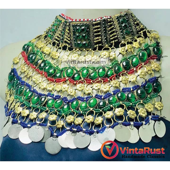 vintarust – wholesale Choker/Krage – Grönt choker halsband, kristallsten och antika mynt