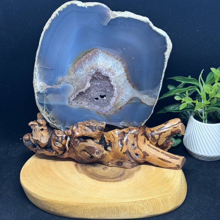 The 7 Directions - Wholesale Spiritual Stone/Crystal - 8 1/2" Agate amethyst druzy slab w/ custom stand F7972