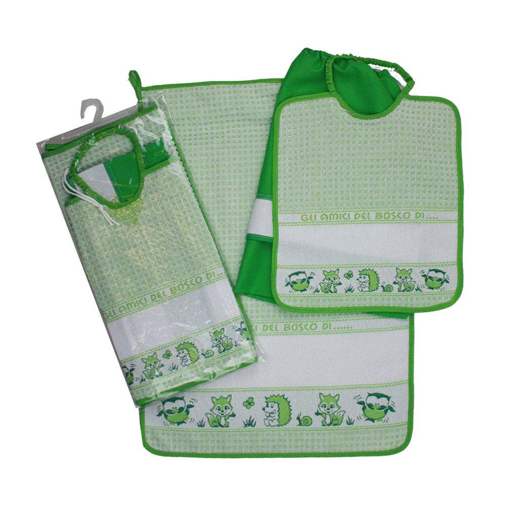 Almatex srl - Vendita all'ingrosso Tovaglioli da tavola in stoffa - Completo 3pz AMICI DEL BOSCO:asciugamano+bavetta con elastico+sacchetto con banda in etamine da ricamare3