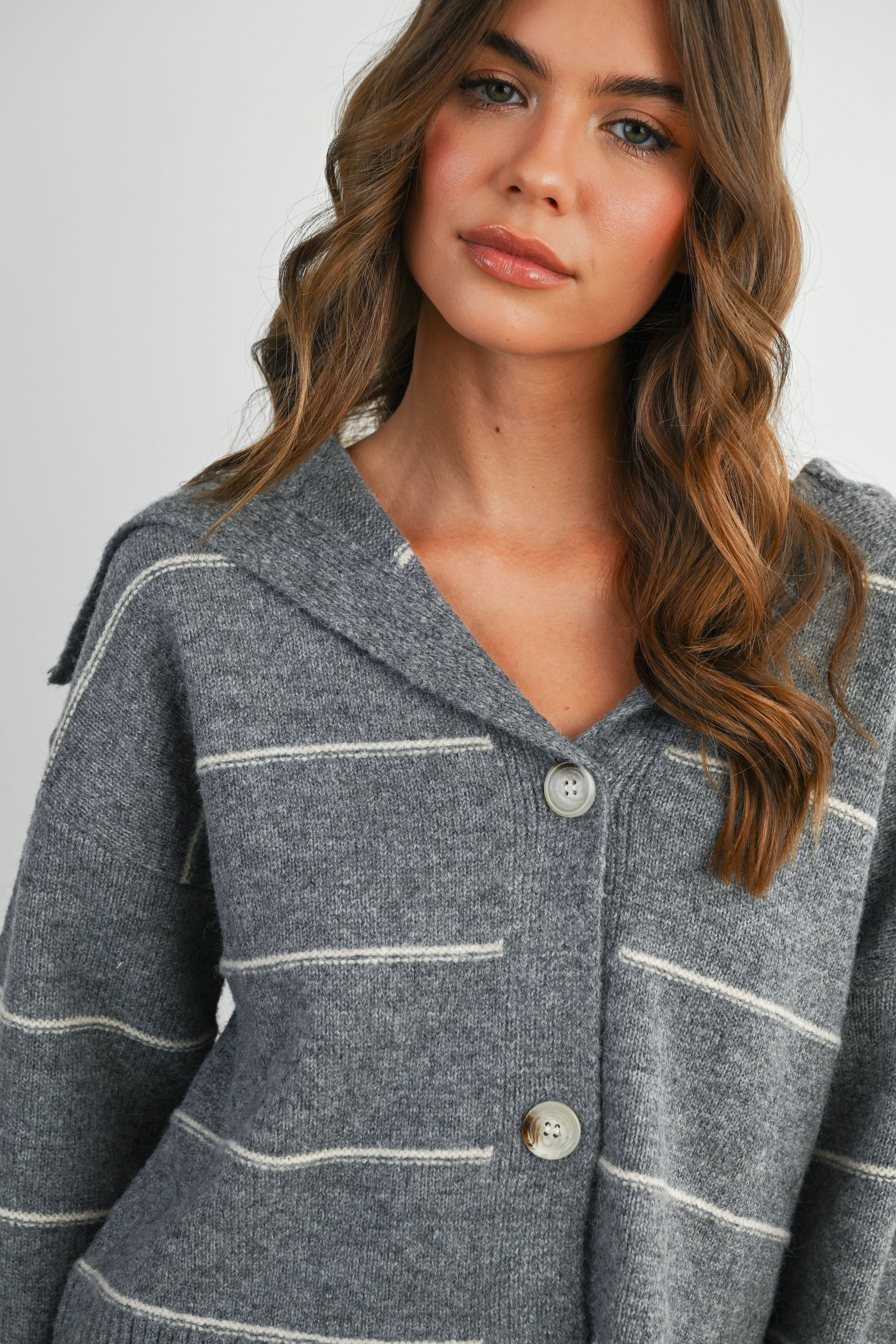 BUTTERMELON - Wholesale Knit Sweater - Women's - Button-Up Striped Collared Long Sleeve Top - BMC788324