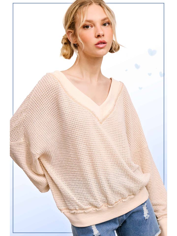 La Miel - Wholesale Knit Top - Women's - JLT7410-Loose Fit V-neck Waffle Textured Long Sleeve Top