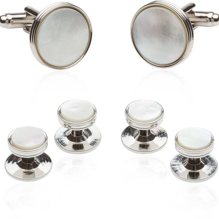 Classic Tuxedo Cufflinks Studs with Mother of Pearl Silver for wholesale by Cuff-Daddy