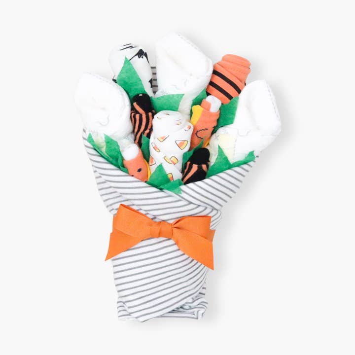 Halloween Baby Bib + Sock Gift Set Bouquet for wholesale by Baby Blossom Company