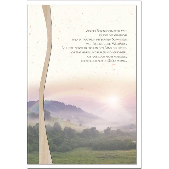 metALUm sørgekort B6 – Morgentåge med solopgang – Da regnbuen blegnede – med træpynt for engroshandel hos metALUm