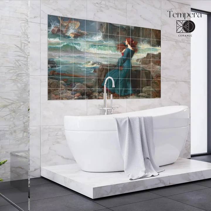 Waterhouse - Miranda la Tempesta nel murale di piastrelle, Arte ceramica per la vendita all'ingrosso da parte di Tempera Art