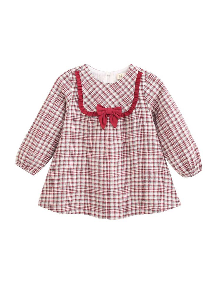 Baby girl dress with maroon checks and bow detail for wholesale by Dadati