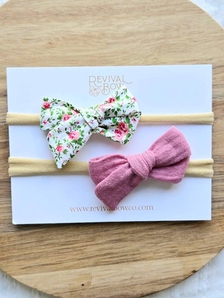 Newborn Bow Set on Headband - Mauve Rose for wholesale by Revival Bow Co.