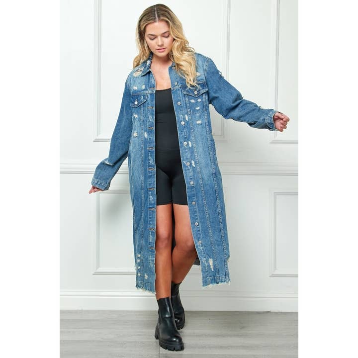 Lavage moyen Veste longue en jean vieilli de grande taille en vente sur Faire