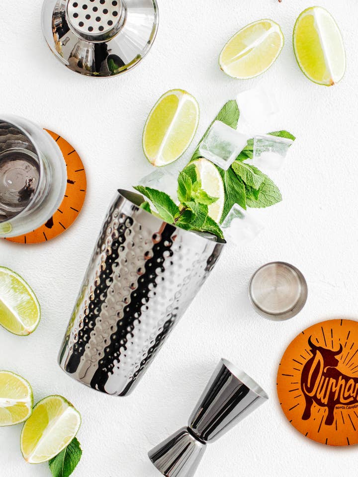 Retro Durham, NC Leather Coaster for wholesale by Mae Designs LLC