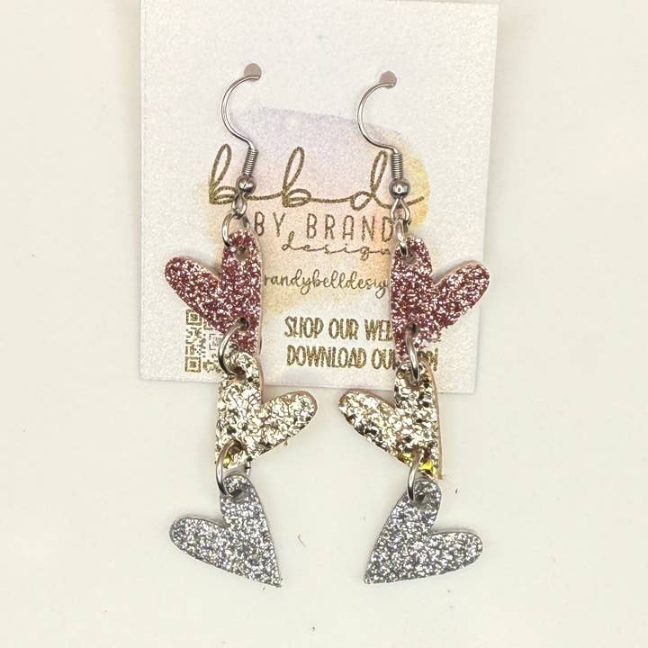 Brandy Bell Design - Wholesale Dangle Earrings - LINKED HEARTS -   Tiny Hearts Collection || Leather Earrings  ||   <BR> ROSE GOLD, CHUNKY OLD GOLD, & FINE SILVER GLITTER ON THICK LEATHER0