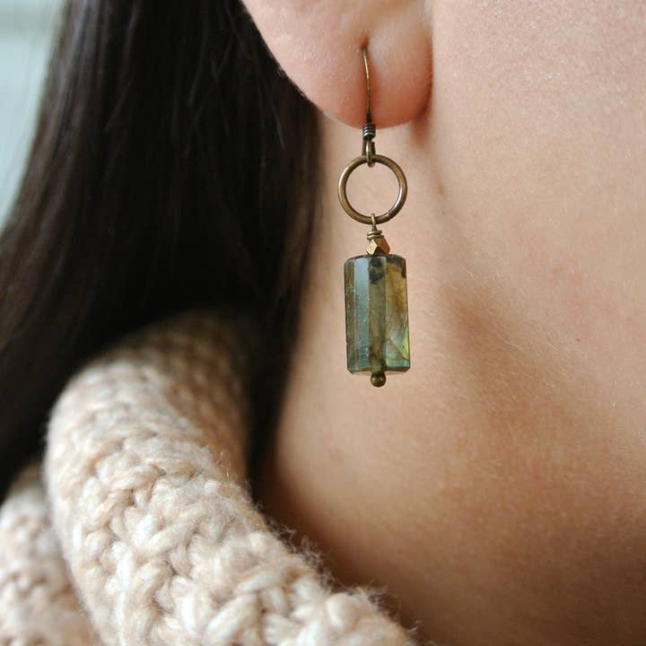 Labradorite Cylinder Stone Ringlet Earrings for wholesale by Edgy Petal Jewelry