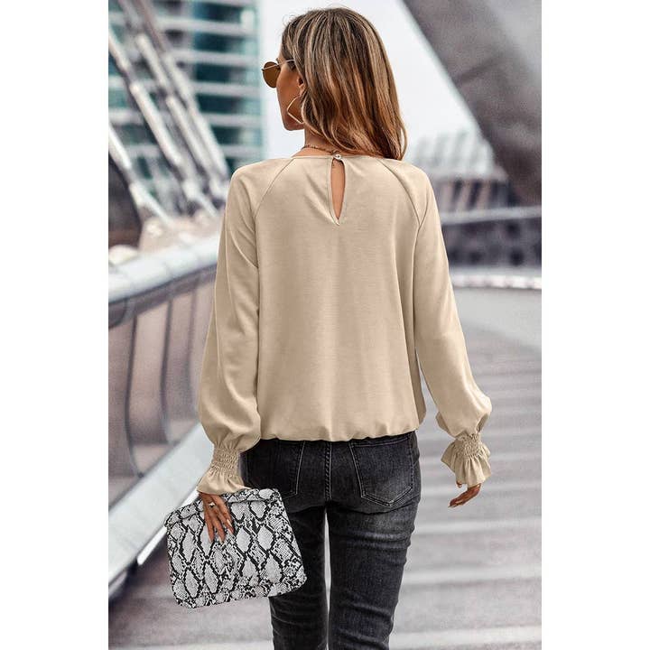 Shoppe247 - Wholesale Blouse - Women's - Back Cut Out Button Sleeve Hem Ruffle Ruched Top7