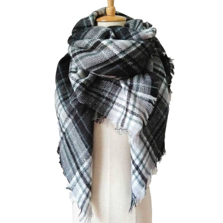 Black White Classic Plaid Fringe Square Blanket Scarf for wholesale on Faire