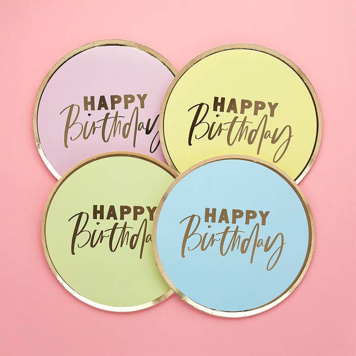 Pastel 'Happy Birthday' Paper Plates 8 Pack for wholesale by Hootyballoo by Club Green