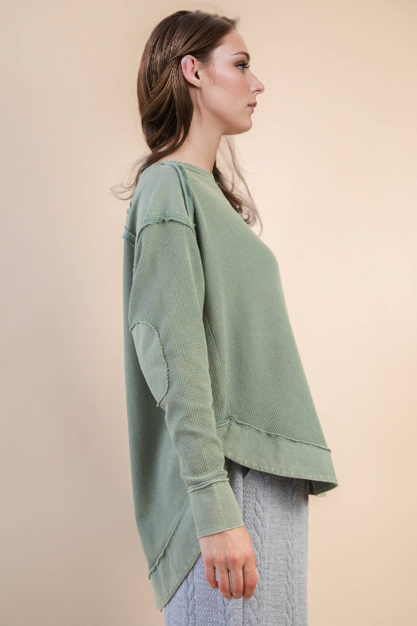 VERY J - Wholesale Knit Top - Women's - NT12234-Mineral Washed Elbow Patch Contrast Knit Top11