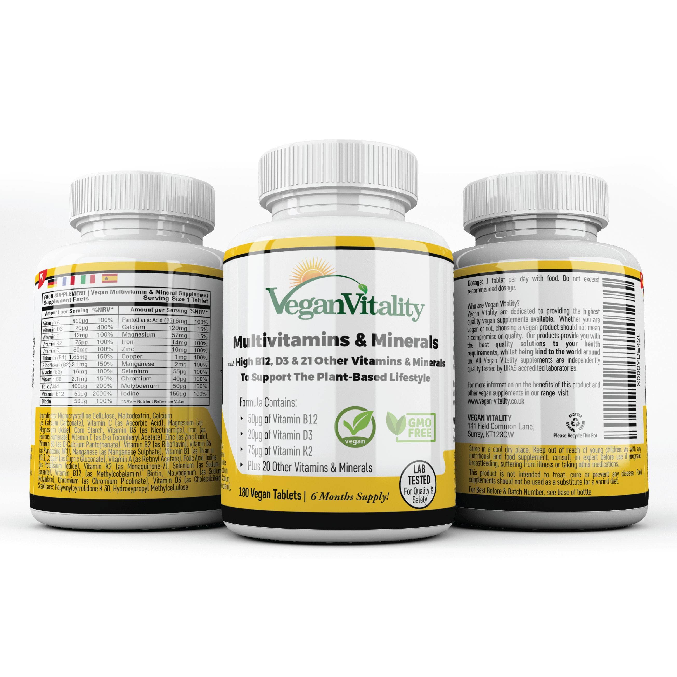 Vegan Vitality – Suplemento/vitamina oral por atacado – Multivitaminas e minerais veganos com alto teor de B12, D3 e K214