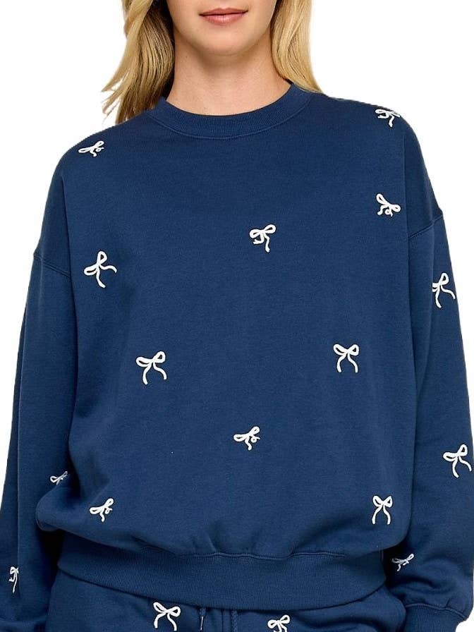 Fleece Crew Neck Sweatshirt With Bow Embroidery for wholesale by Vanilla Monkey