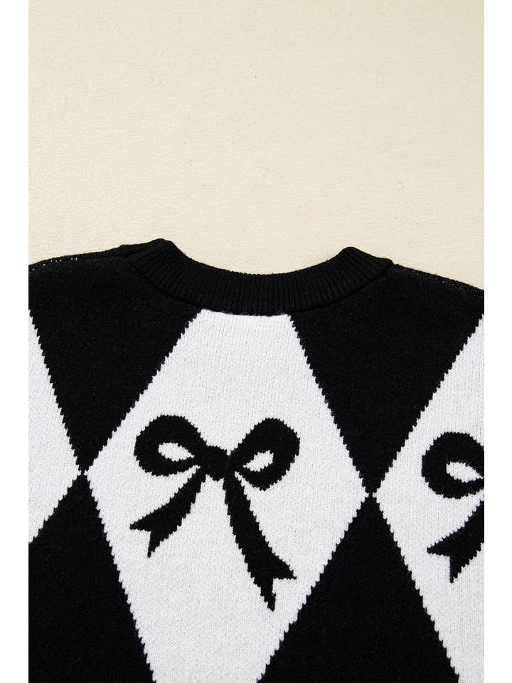 66DISCO - Wholesale Knit Sweater - Women's - Valentine Bow Print 2-tone Rhombus Knit Loose Sweater (S-XL)6