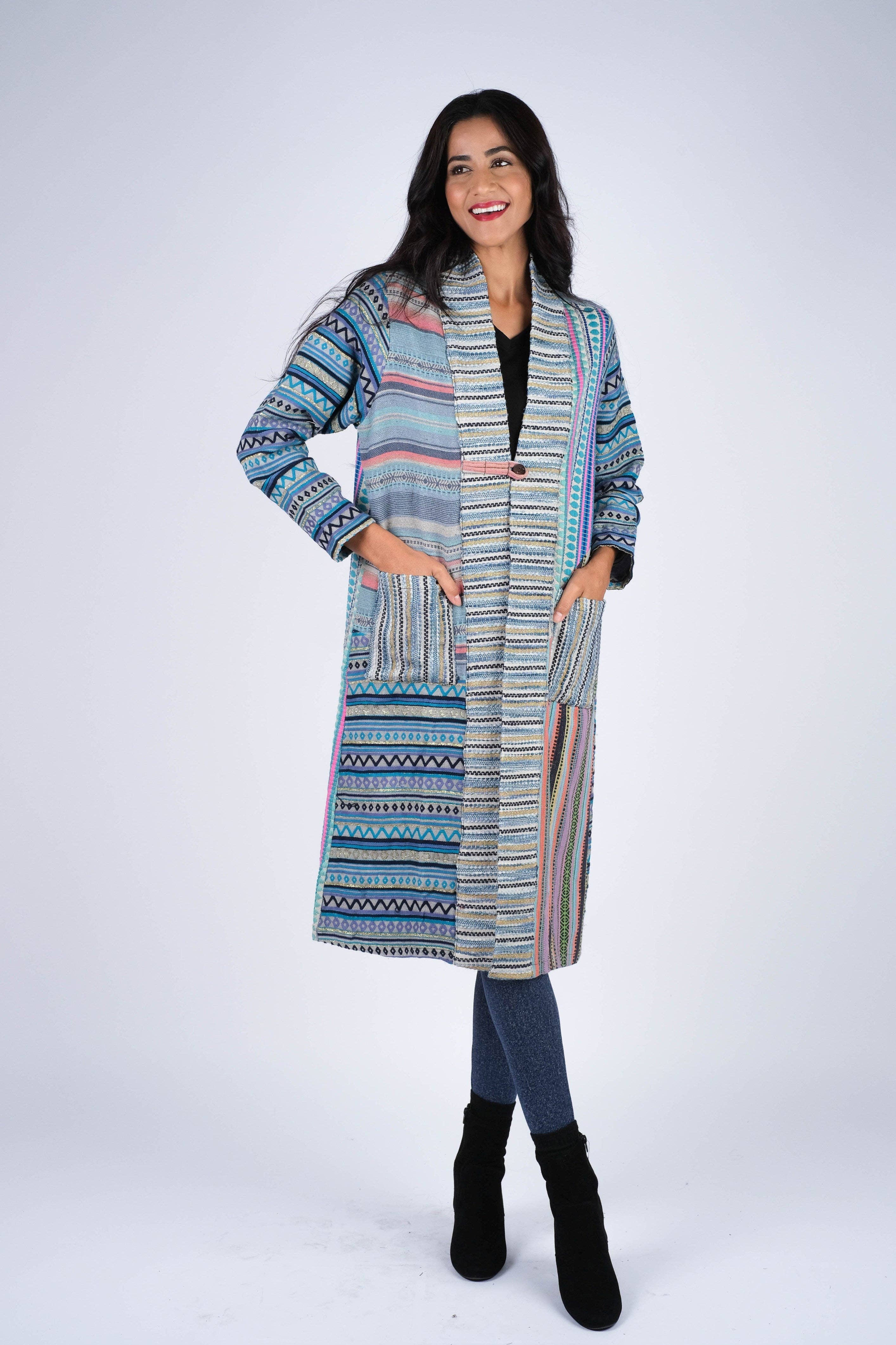 Sacred Threads - Wholesale Jacket - Women's - Blue Batik Patchwork Cotton Cardigan Jacket6