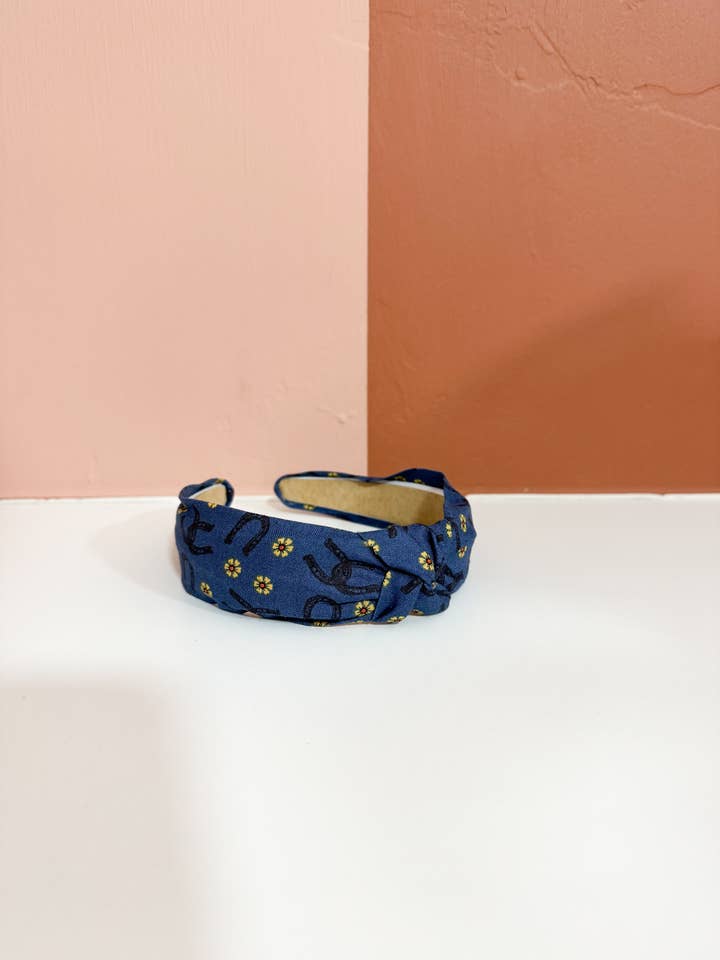 Blue Horseshoe Top Knot Headband for wholesale by Little Sunshines Bow & Co