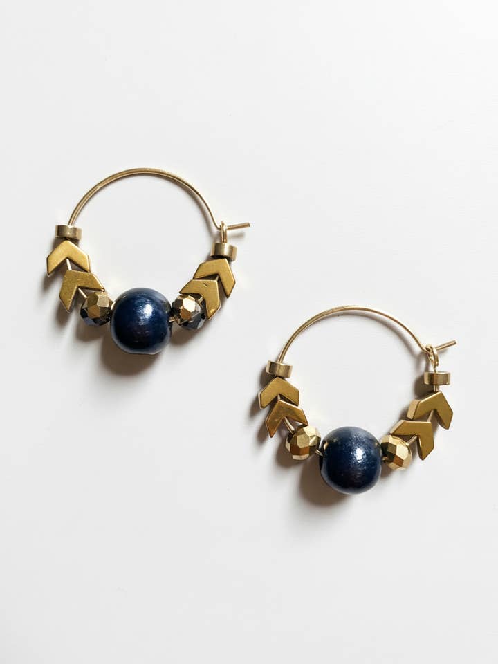 FRTE16 - Gold plated hoop earrings, with crystal, Hematite and painted wood focal for wholesale by Gist Jewellery