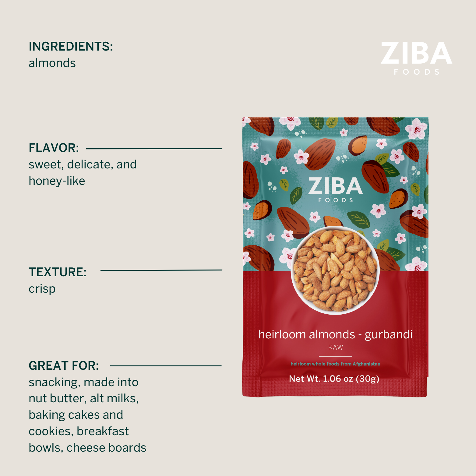 Ziba Foods – wholesale Nötter – Heirloom Mandel Gurbandi (rå) Snack med en servering Vegan 1 oz6