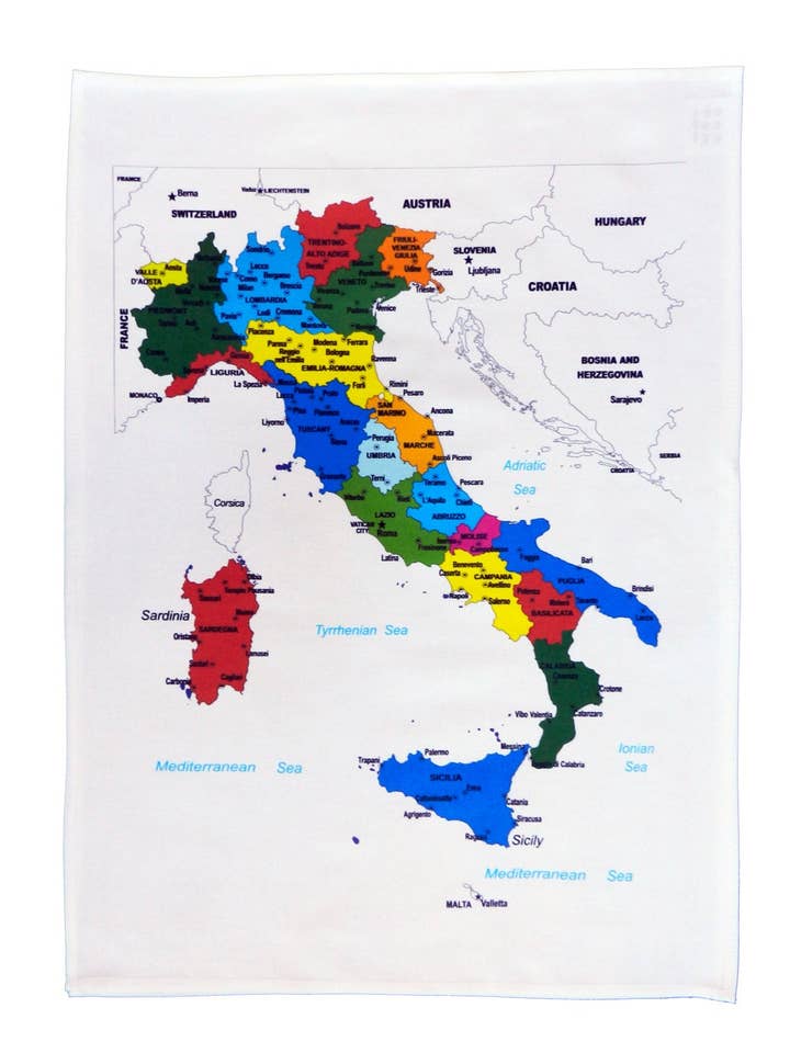 Carte colorée de l'Italie montrant les régions et les grandes villes pour la vente par Half a Donkey