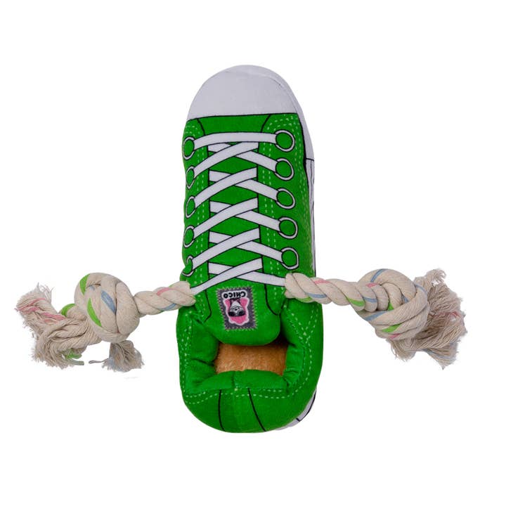 Squeaking Comfort Plush Sneaker Adorable Dog Toy - Green for wholesale by Jojo Modern Pets