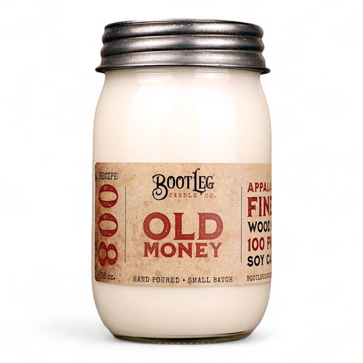 Old Money - 16oz Soy Wax, Wood Wick Candle for wholesale by Bootleg Candle Company