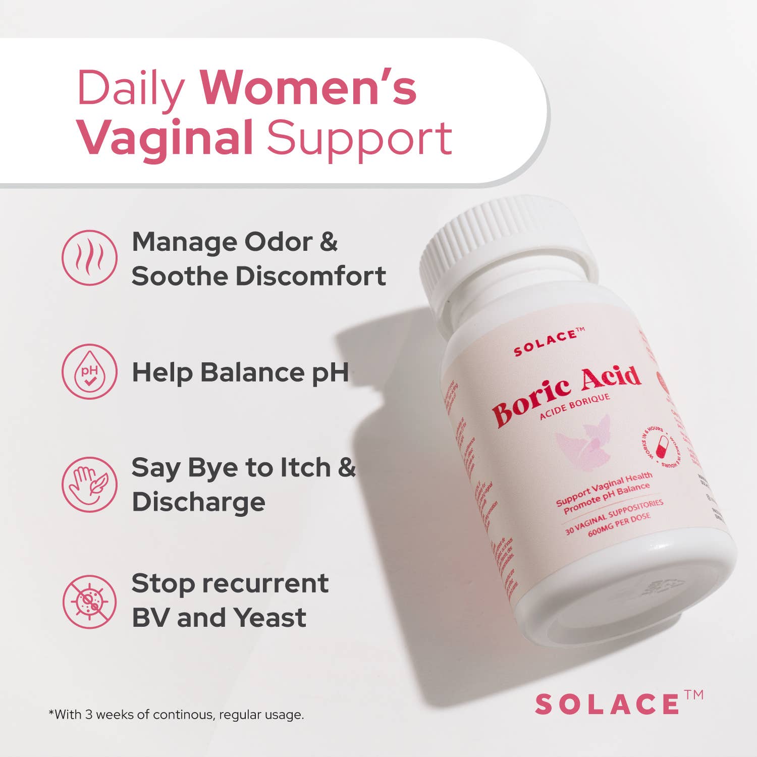 Solace - Venta al por mayor Suplementos/vitaminas para beber - Óvulos Vaginales de Ácido Bórico - 100% Puro, Área Íntima2