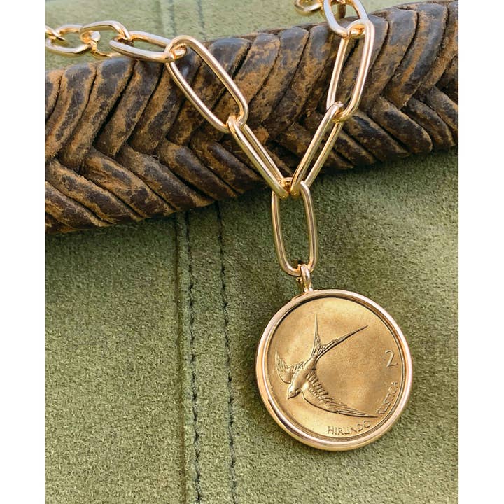 American Coin Treasures - Wholesale Pendant/Charm Necklace - Barn Swallow Bird Coin Goldtone Paper Clip Necklace6