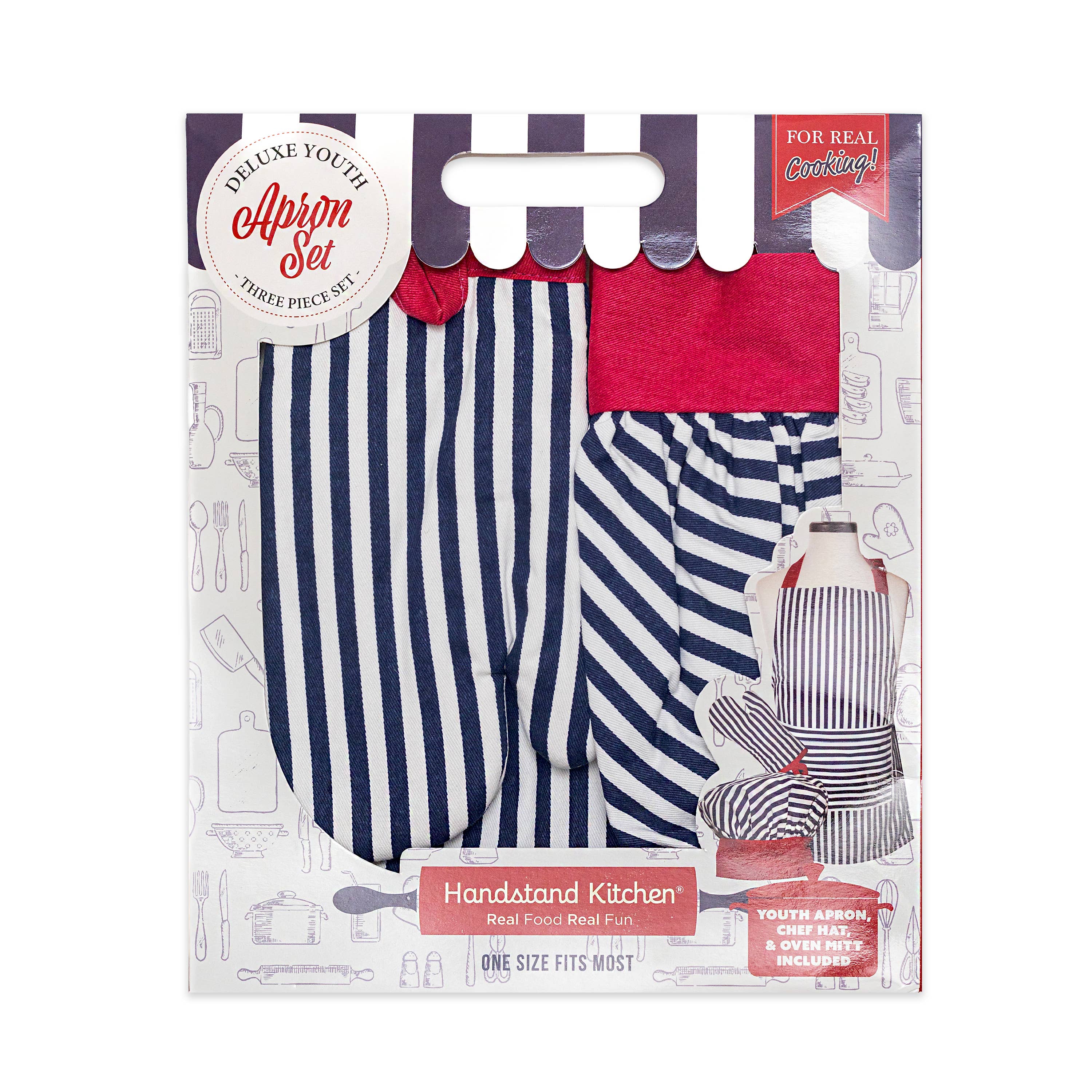 Handstand Kitchen - Wholesale Apron - Kids - Striped Deluxe Youth Apron Set - 3 Pc Kids Chef Hat & Mitt1