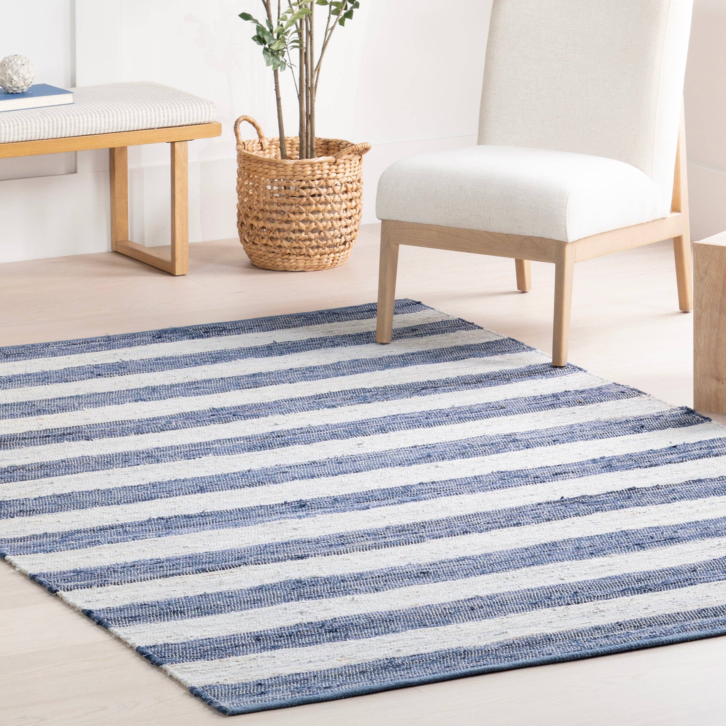 Blue Home Conservatory Striped Rag Handwoven Cotton Area Rug for wholesale on Faire9