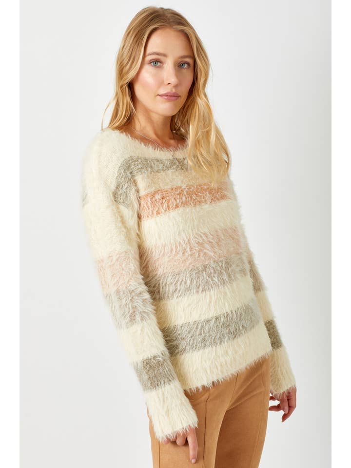 Cream Mix 57608 Fuzzy Multicolor Stripe Sweater for wholesale on Faire