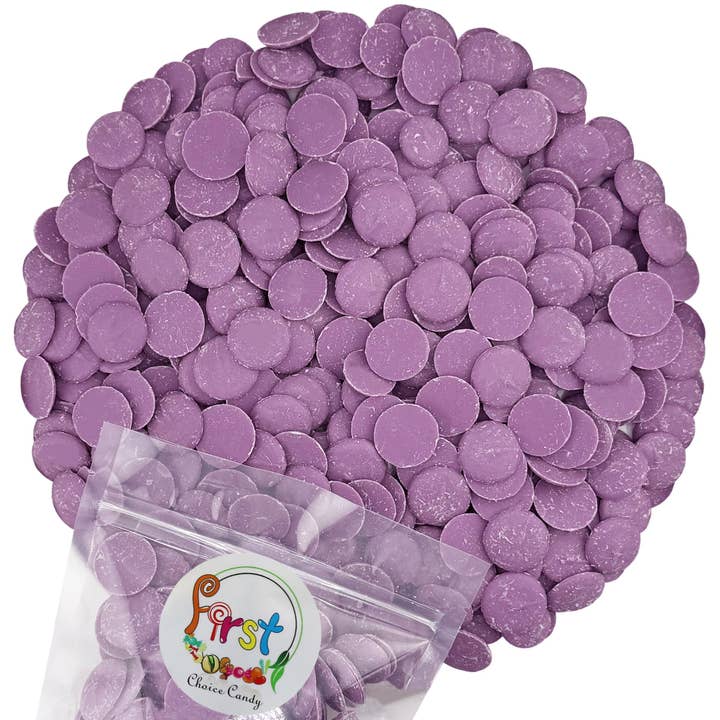 Dischetti di cioccolato fondente color viola per la vendita all'ingrosso da parte di First Choice Candy