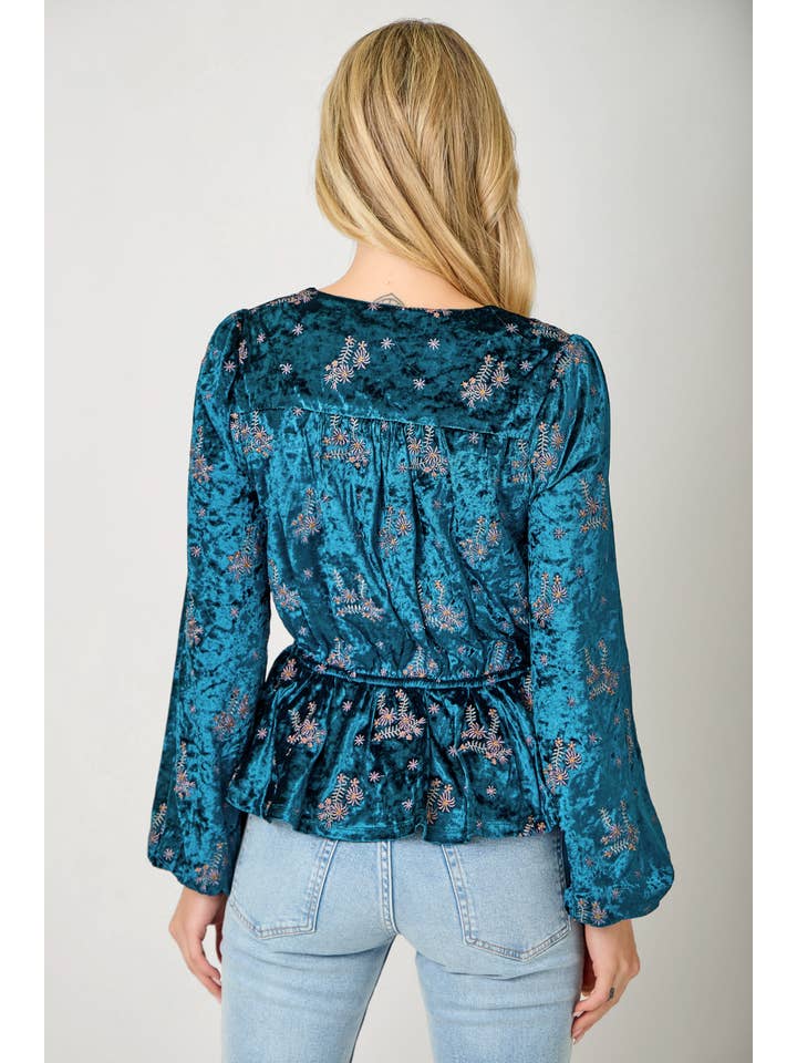 Deep Emerald 61249 Embroidery Velvet Surplice Neck Blouse for wholesale on Faire3