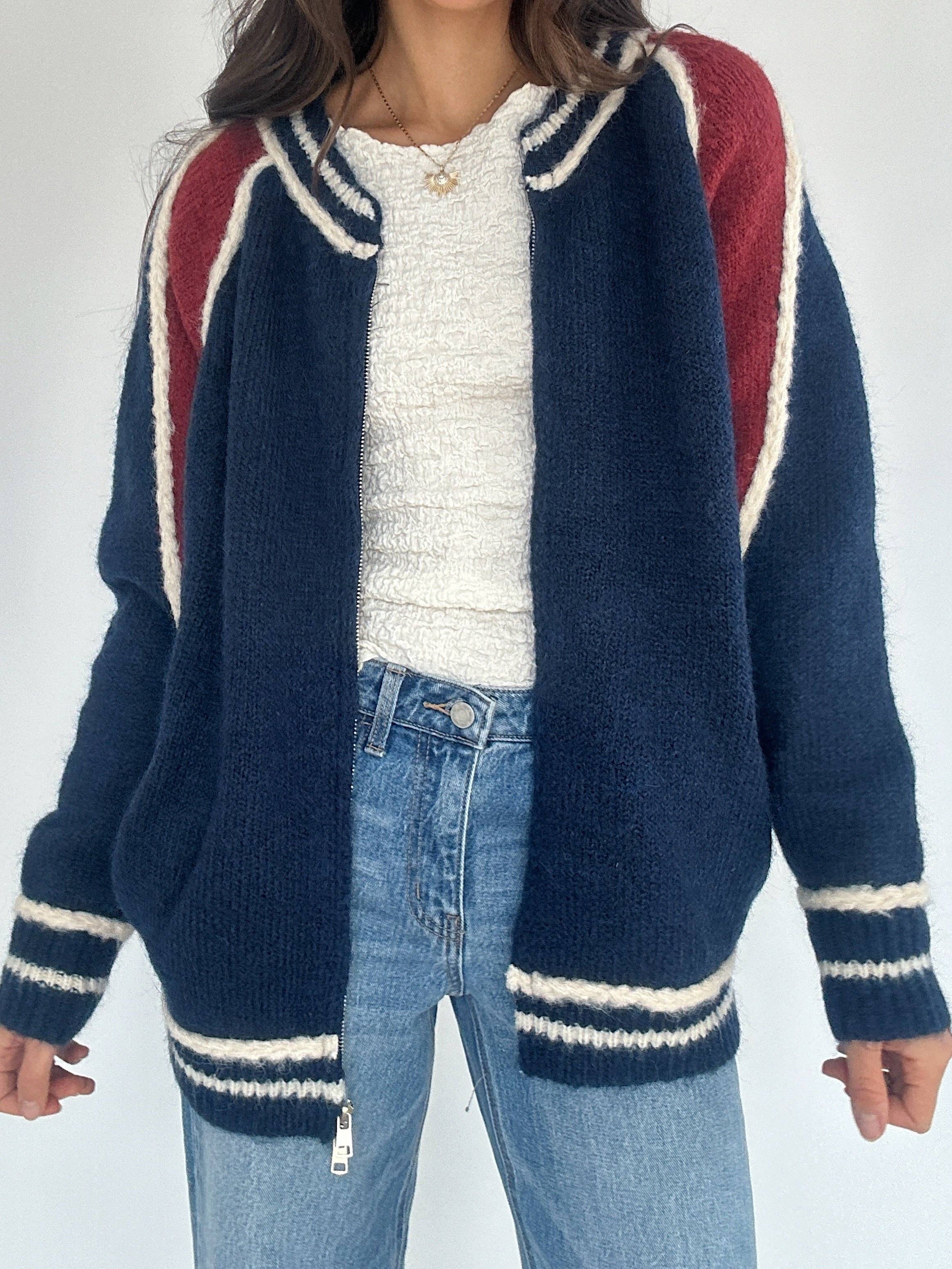 DARKBLUE Color-blocking patchwork woolen zipper jacket for wholesale on Faire2