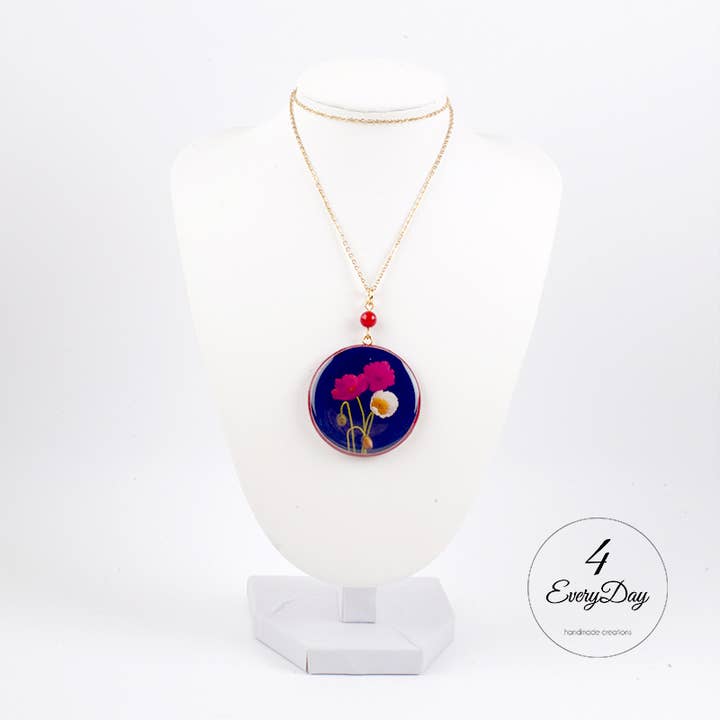 4everyday Handmade - Vendita all'ingrosso Collana con ciondolo/pendaglio - Medaglione artigianale in legno e resina Papaveri