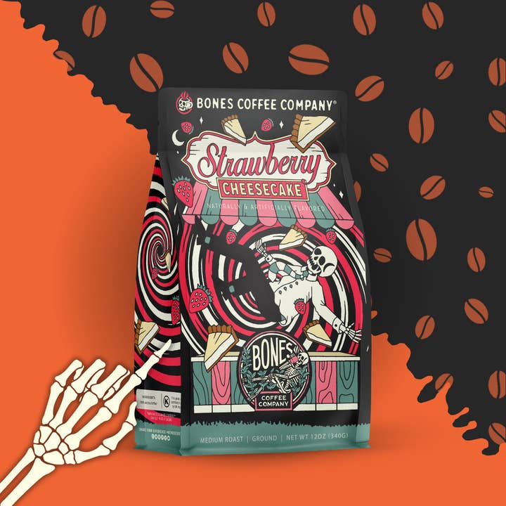 Bones Coffee Company - Wholesale Coffee Beans - Strawberry Cheesecake Flavored | 12oz | Whole Bean & Ground